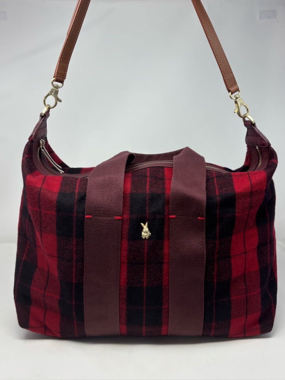 ED Ellen Degeneres Wool Leather Plaid Tote Purse Crossbody Bag Red & Black